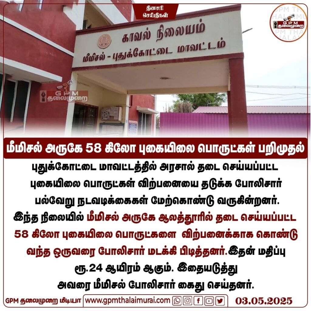 மீமிசல் அருகே 58 கிலோ புகையிலை பொருட்கள் பறிமுதல்; ஒருவர் கைது.