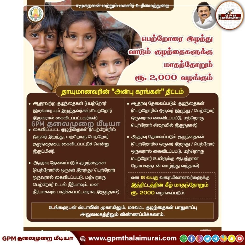 பெற்றோரை இழந்து வாடும் குழந்தைகளுக்கான மாதந்தோறும் ரூ.2000 வழங்கும் "அன்பு கரங்கள்" திட்டம்.